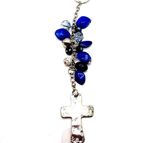 Blue + Silver  Beaded + Silver Tone Cross 9 Inch Keychain or Purse Charm - Picture 1 of 5